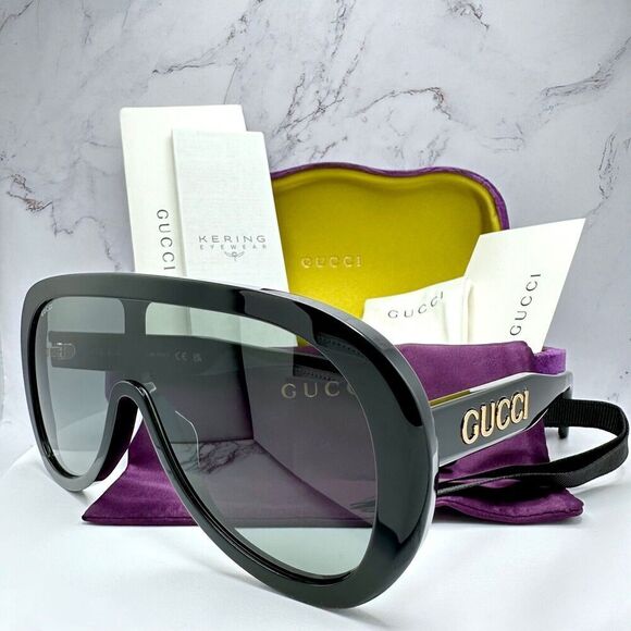 Gucci Black Sunglasses Oversized Aviator Mask Shield Gold Metal Logo Authentic - Picture 3 of 16
